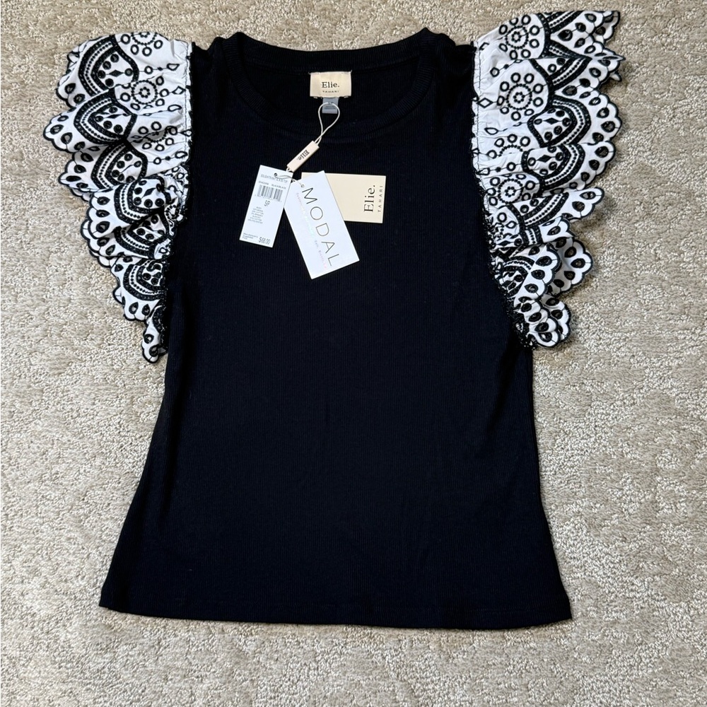 NWT Tahari Black Tank with White Scalloped Embroidered Flutter Sleeves